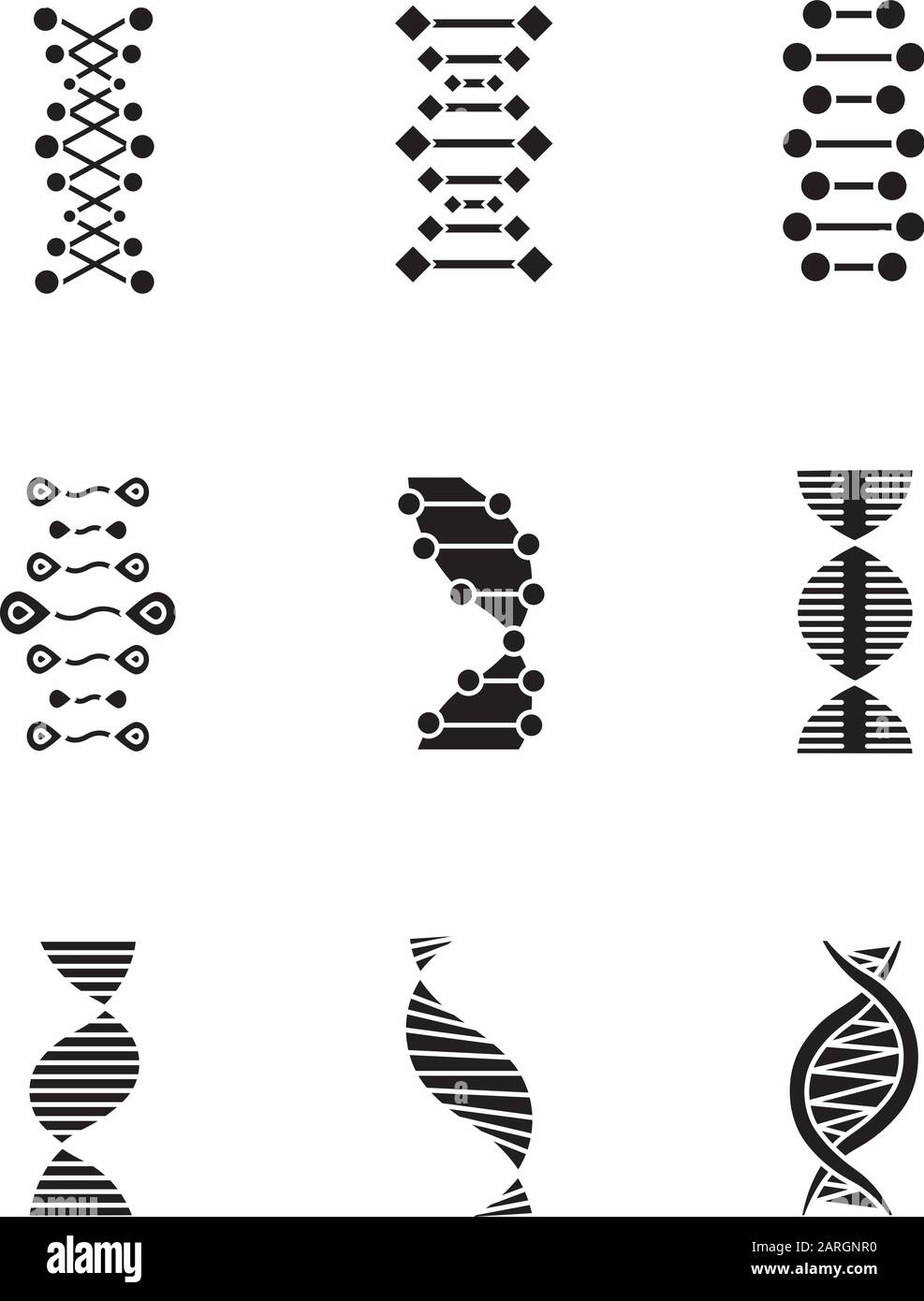 DNA double helix glyph icons set. Deoxyribonucleic, nucleic acid structure. Chromosome. Molecular biology. Genetic code. Genome. Genetics. Medicine. S Stock Vector