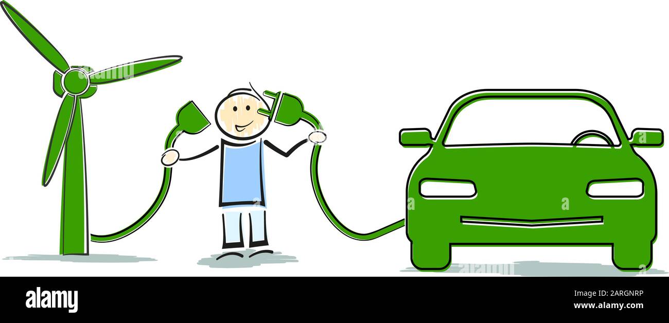 charging electric vehicle with energy from renewable source, clean transportation concept with stickman connecting electric car to wind turbine Stock Vector