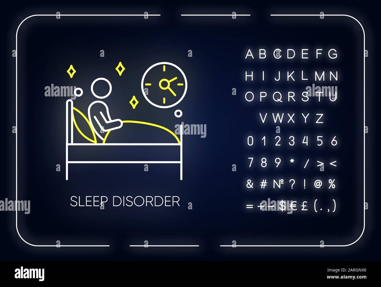 Sleep deprivation neon light icon. Insomnia. Man in bed. Awake at night