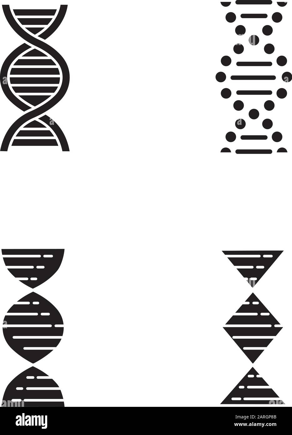 DNA spiral strands glyph icons set. Deoxyribonucleic, nucleic acid helix. Spiraling strands. Chromosome. Molecular biology. Genetic code. Genetics. Si Stock Vector