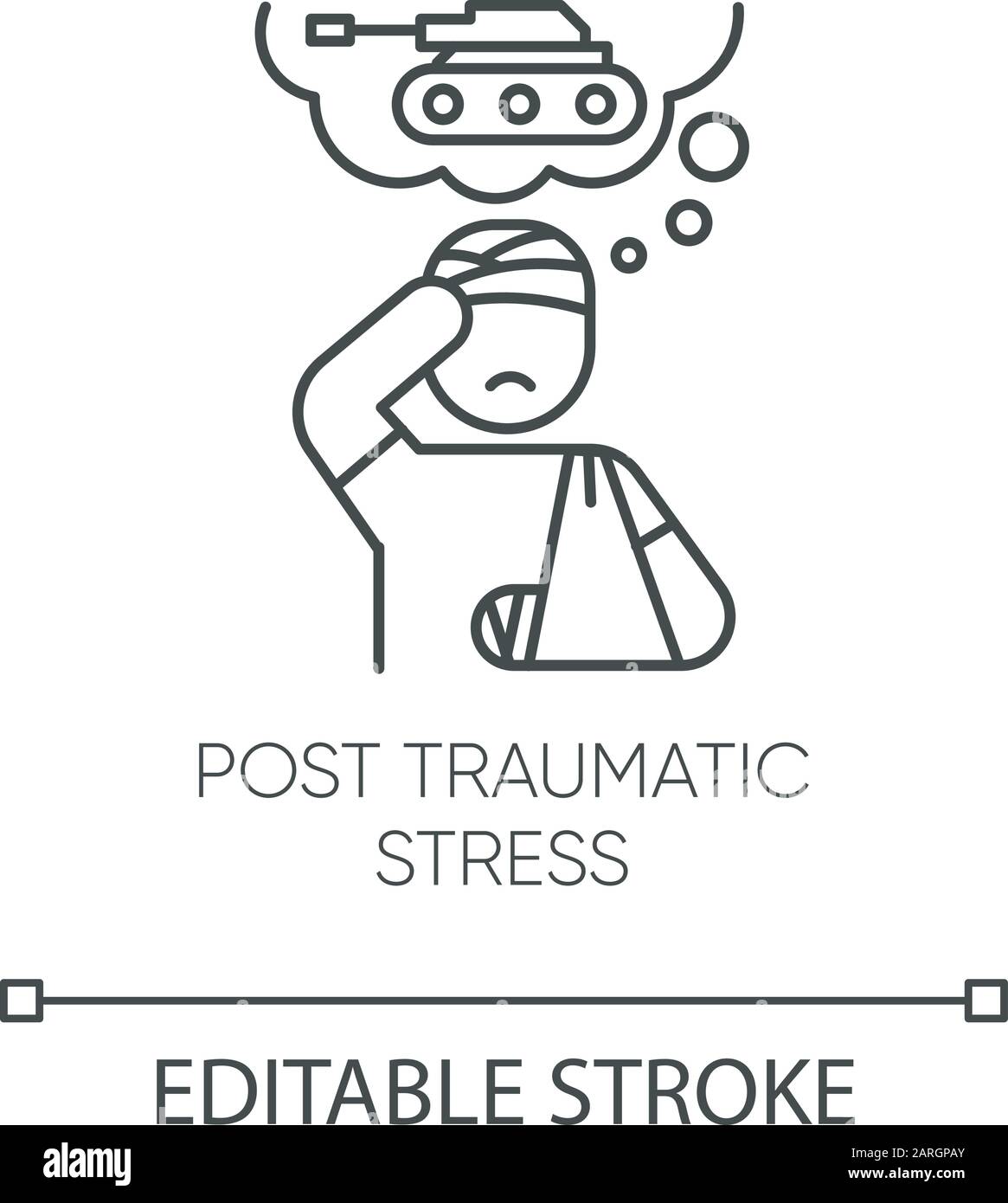 Posttraumatic stress linear icon. Veteran with anxiety. Depressed