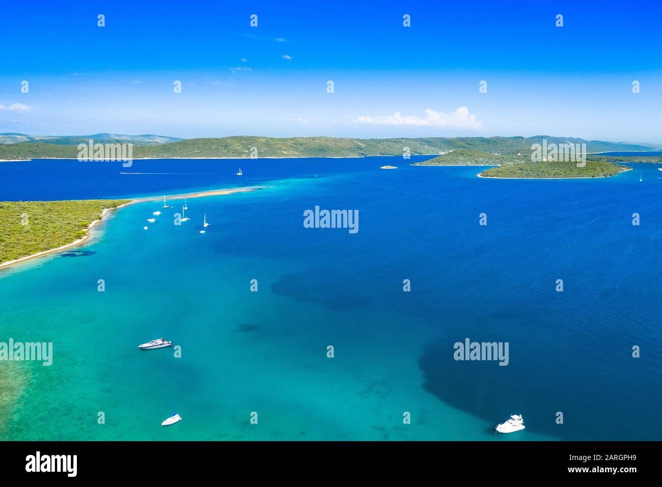Croatia, beautiful Adriatic sea paradise, archipelago on the island of Dugi Otok in Croatia, aerial seascape, yachts anchored in blue bay Stock Photo