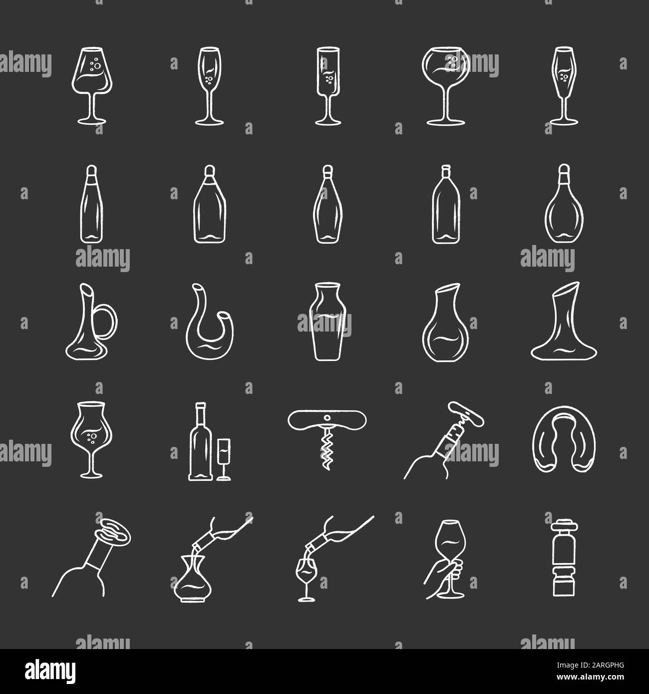Wine and wineglasses chalk icons set. Different types of glassware and alcohol beverages. Decanters, bottles, barman tools. Aperitif drinks, cocktails Stock Vector