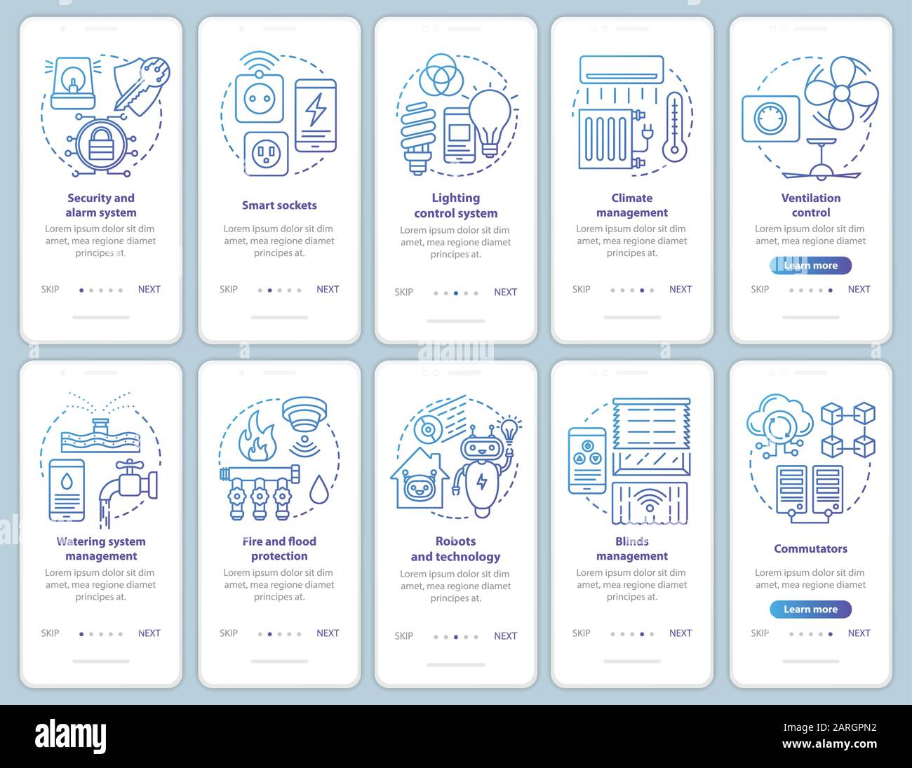 Smart house onboarding mobile app page screen vector template set. Modern home automation systems. Walkthrough website steps with linear illustrations Stock Vector