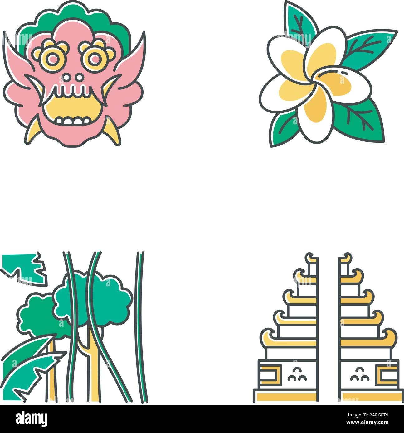 Indonesia color icons set. Tropical country plants. Vacation in