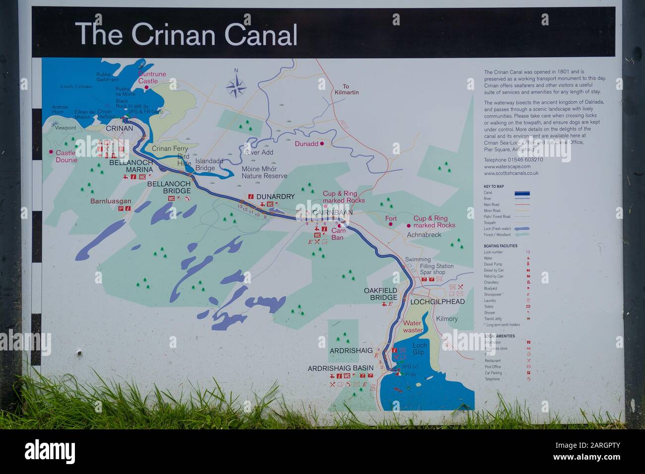 Crinan canal map. Touristic information board with water way and villages of the channel. Scotland. Stock Photo