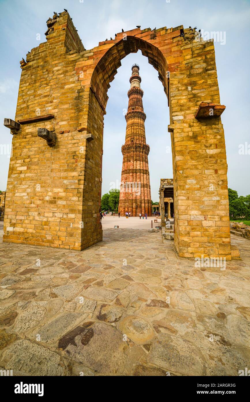 The Qutub Minar, also known as Qutb Minar and Qutab Minar, is an ancient Islamic Monument in Delhi Stock Photo