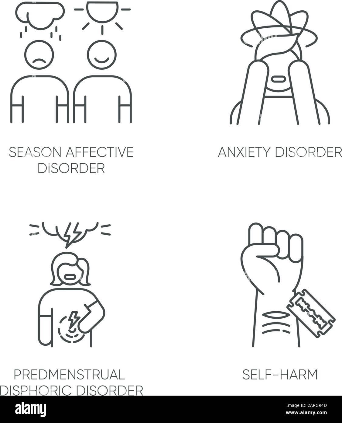 Mental disorder linear icons set. Anxiety. Predmenstrual dysphoria. Self-harm. Season affective disorder. Thin line contour symbols. Isolated vector o Stock Vector