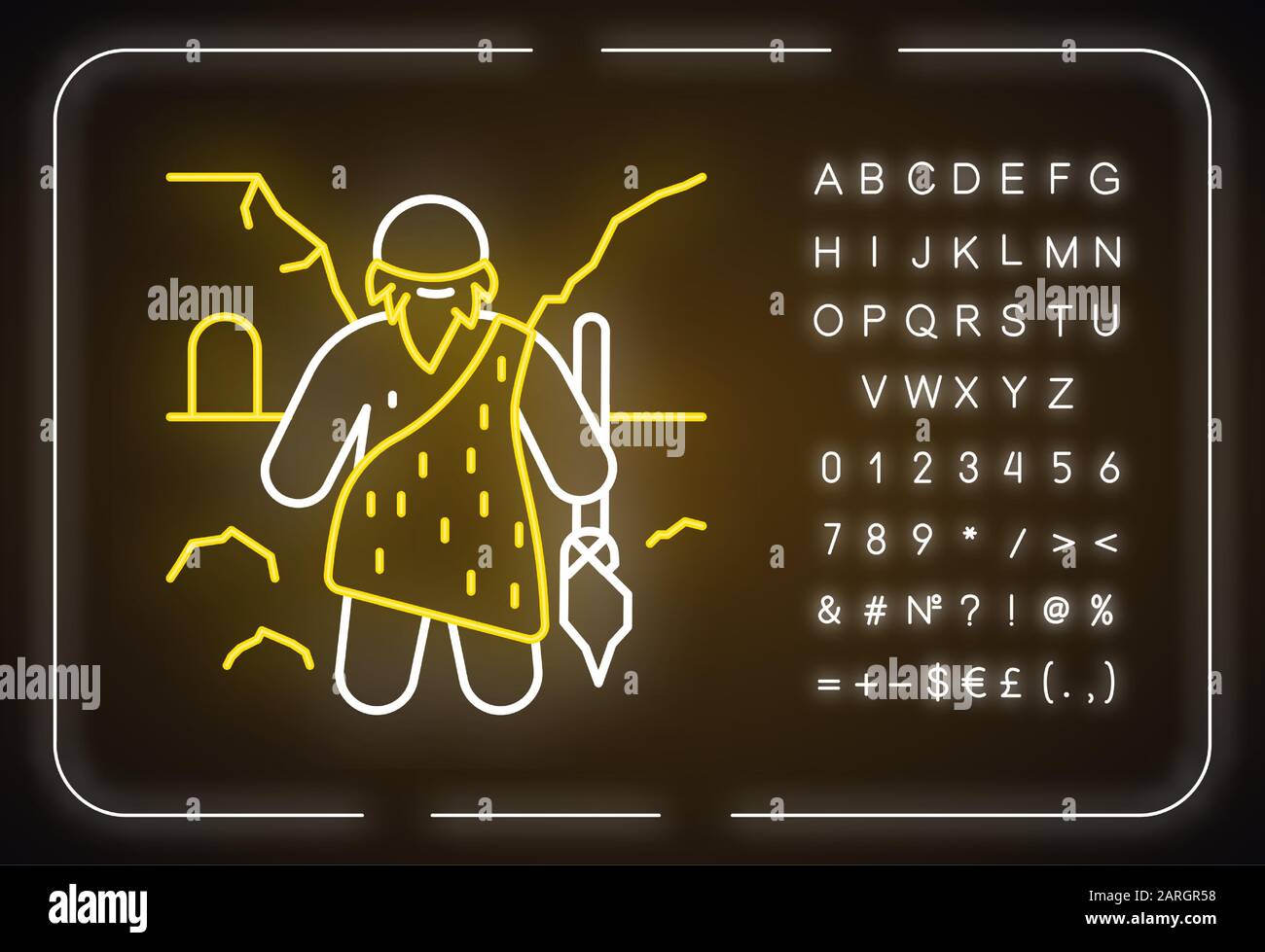 Caveman neon light icon. Prehistoric man with beard. Primeval hunter with spear. Neanderthal in old age. Glowing sign with alphabet, numbers and symbo Stock Vector