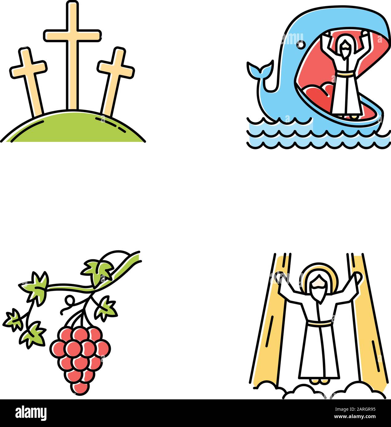 Bible narratives color icons set. Calvary, Jonah and whale, grapevine ...