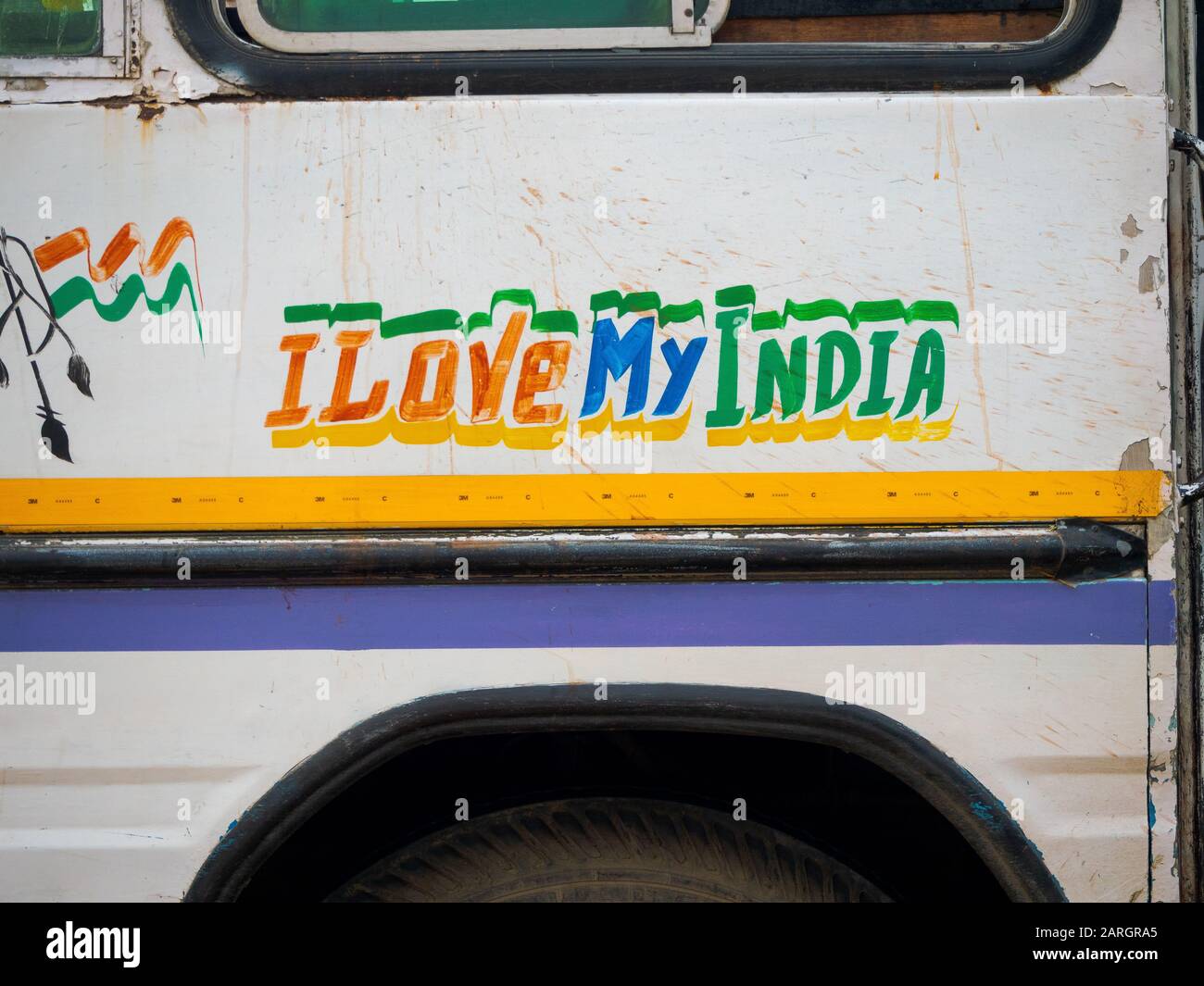 Close up  of 'I LOVE MY INDIA' inscription on travel bus in South India Stock Photo