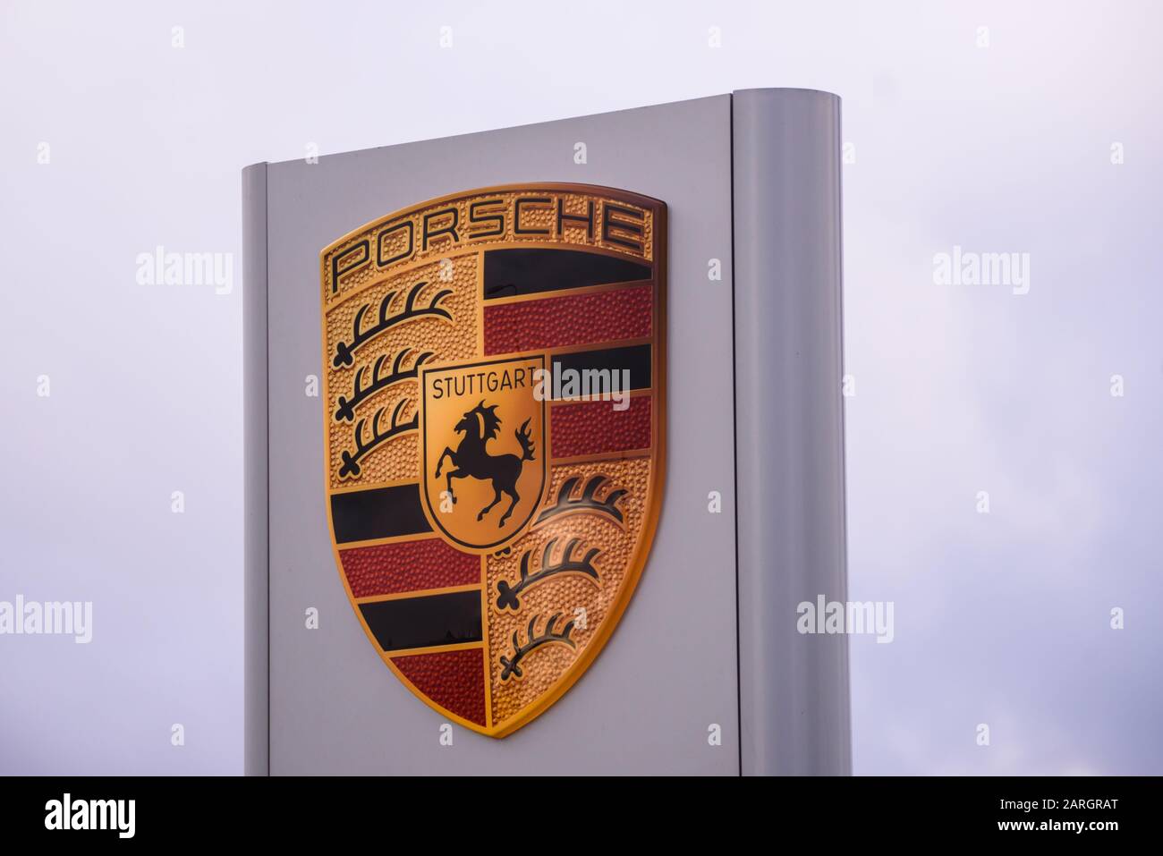 RIGA, LATVIA. 22nd January 2020. Porsche company logo on Porsche centre Riga. Porsche is a German automobile manufacturer specializing in high-performance sports cars, SUVs and sedans. Stock Photo