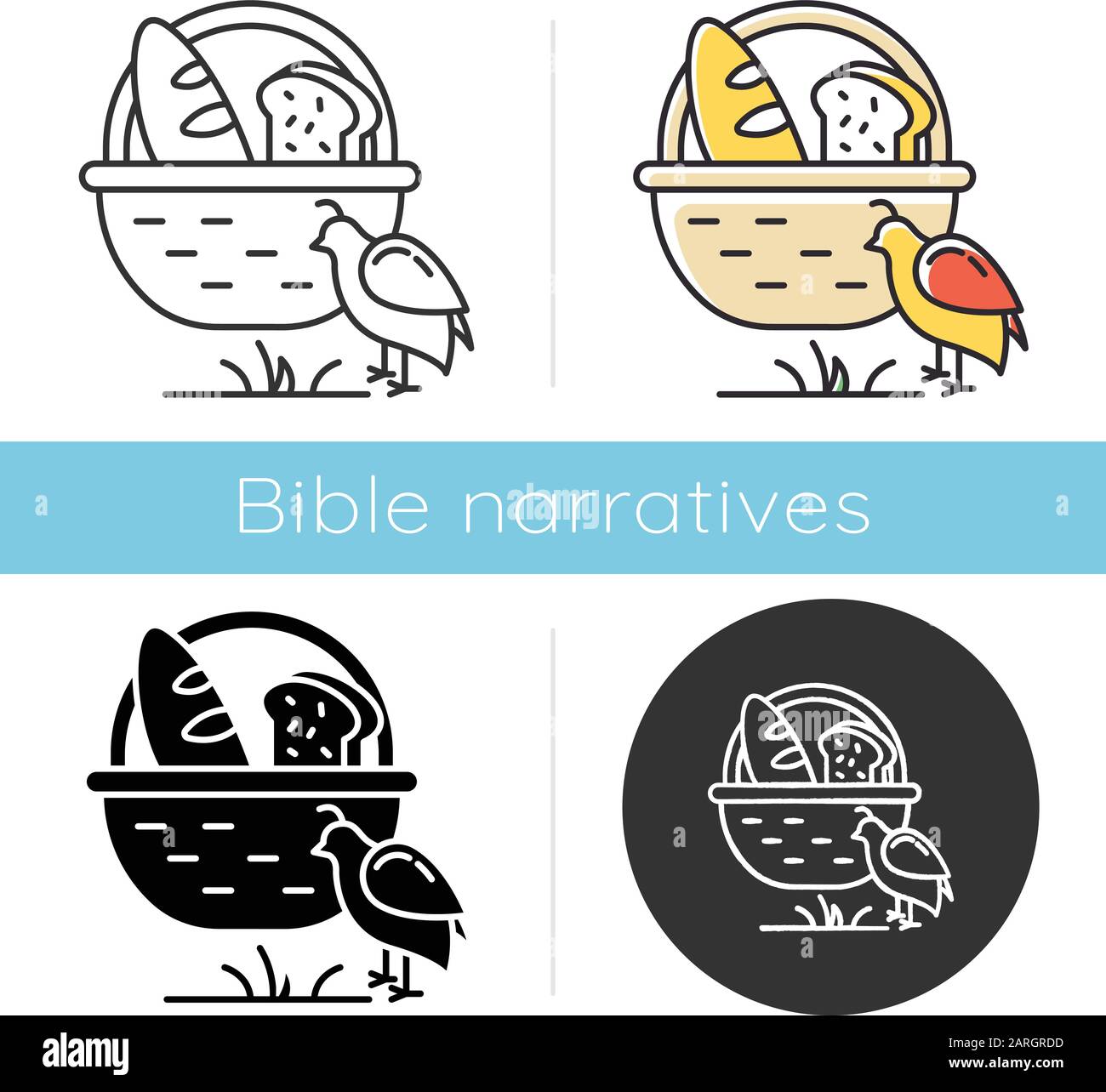 Manna and quail Bible story icon. Bread in basket. Religious legend. Christian religion, holy