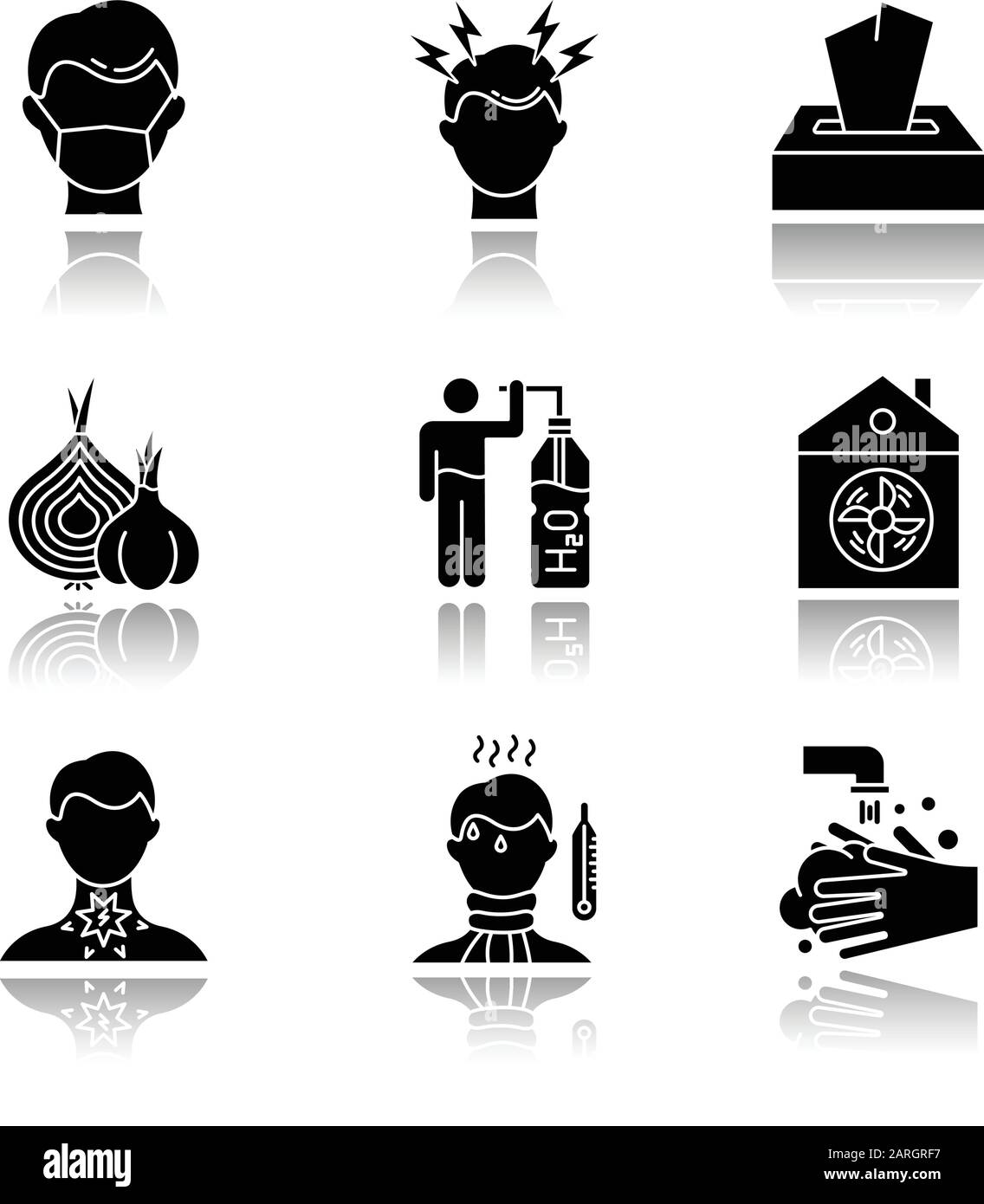 Common cold drop shadow black glyph icons set. Disposable medical mask