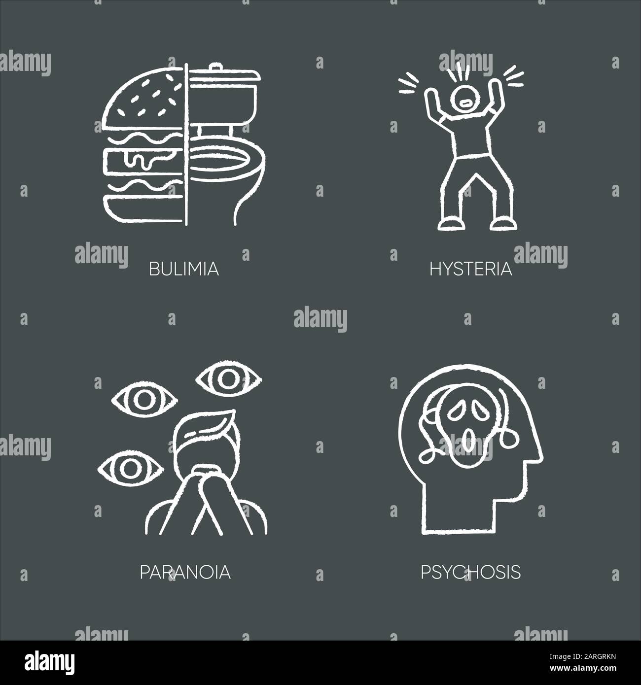 Mental disorder chalk icons set. Bulimia. Eating disorder. Hysteria. Panic attack. Anxiety, depression. Paranoia. Fear and phobia. Psychosis. Isolated Stock Vector