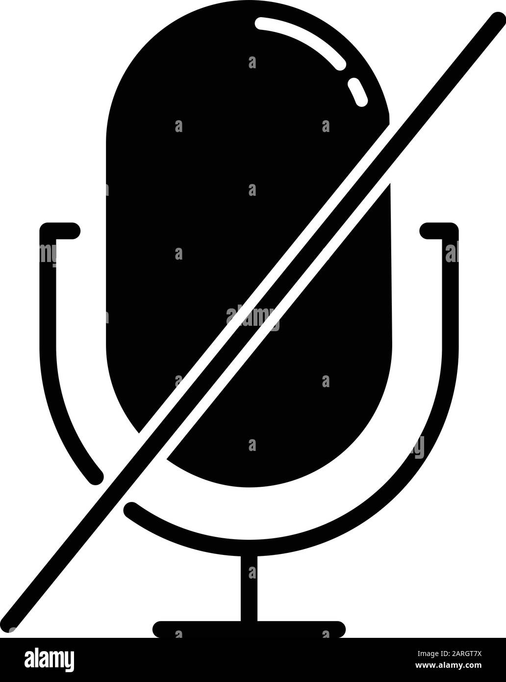 Microphone forbidden glyph icon. Sound recorder error notification. Recording prohibited. Voice speaker installation mistake. Silhouette symbol. Negat Stock Vector