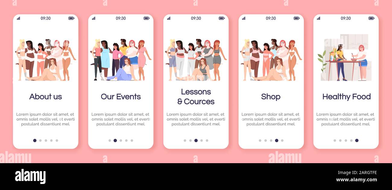 Body positive onboarding mobile app screen vector template. Events ...