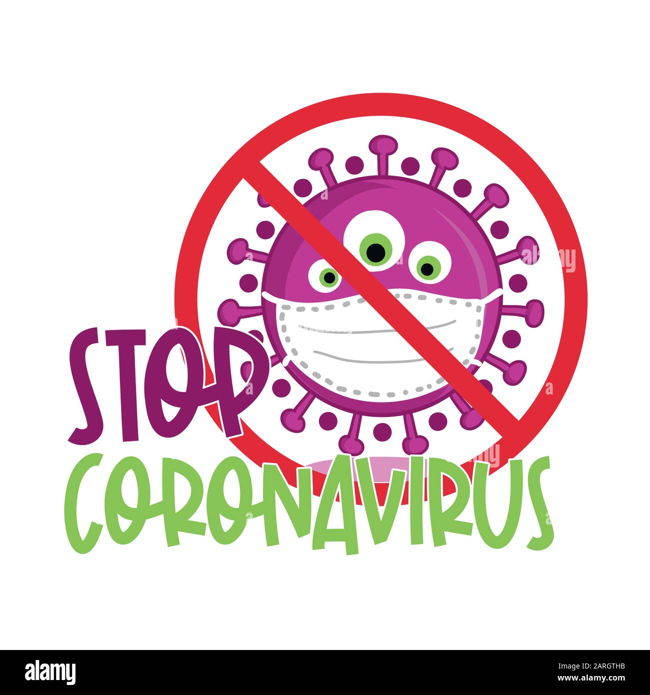 STOP coronavirus (2019-ncov) - hand drawn cute virus or bacterium - Awareness lettering phrase. Coronavirus in China. Novel coronavirus (2019-nCoV). C Stock Vector