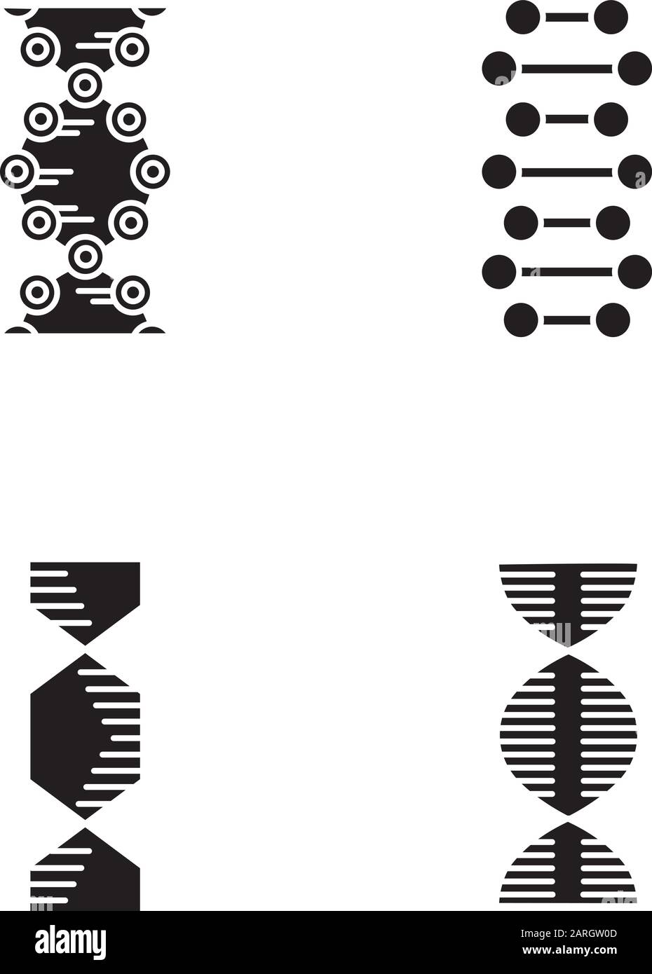 DNA spiral chains glyph icons set. Deoxyribonucleic, nucleic acid helix. Spiraling strands. Chromosome. Molecular biology. Genetic code. Genetics. Sil Stock Vector