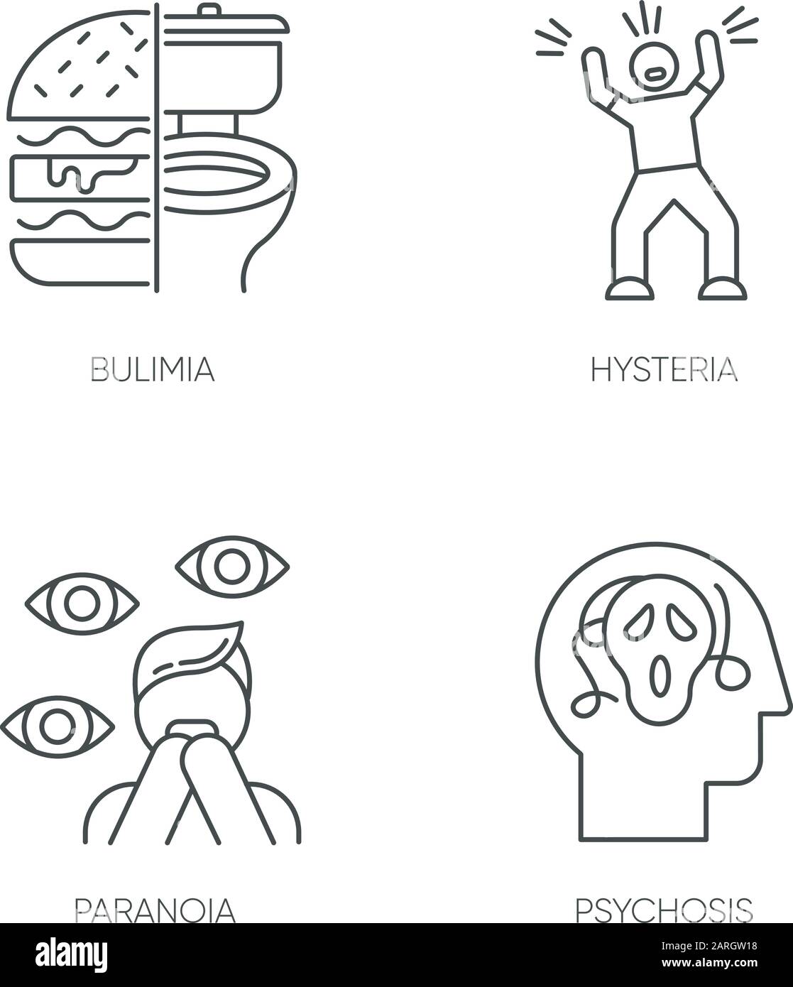 Mental disorder linear icons set. Bulimia. Eating disorder. Hysteria. Panic attack. Anxiety. Paranoia. Psychosis. Thin line contour symbols. Isolated Stock Vector
