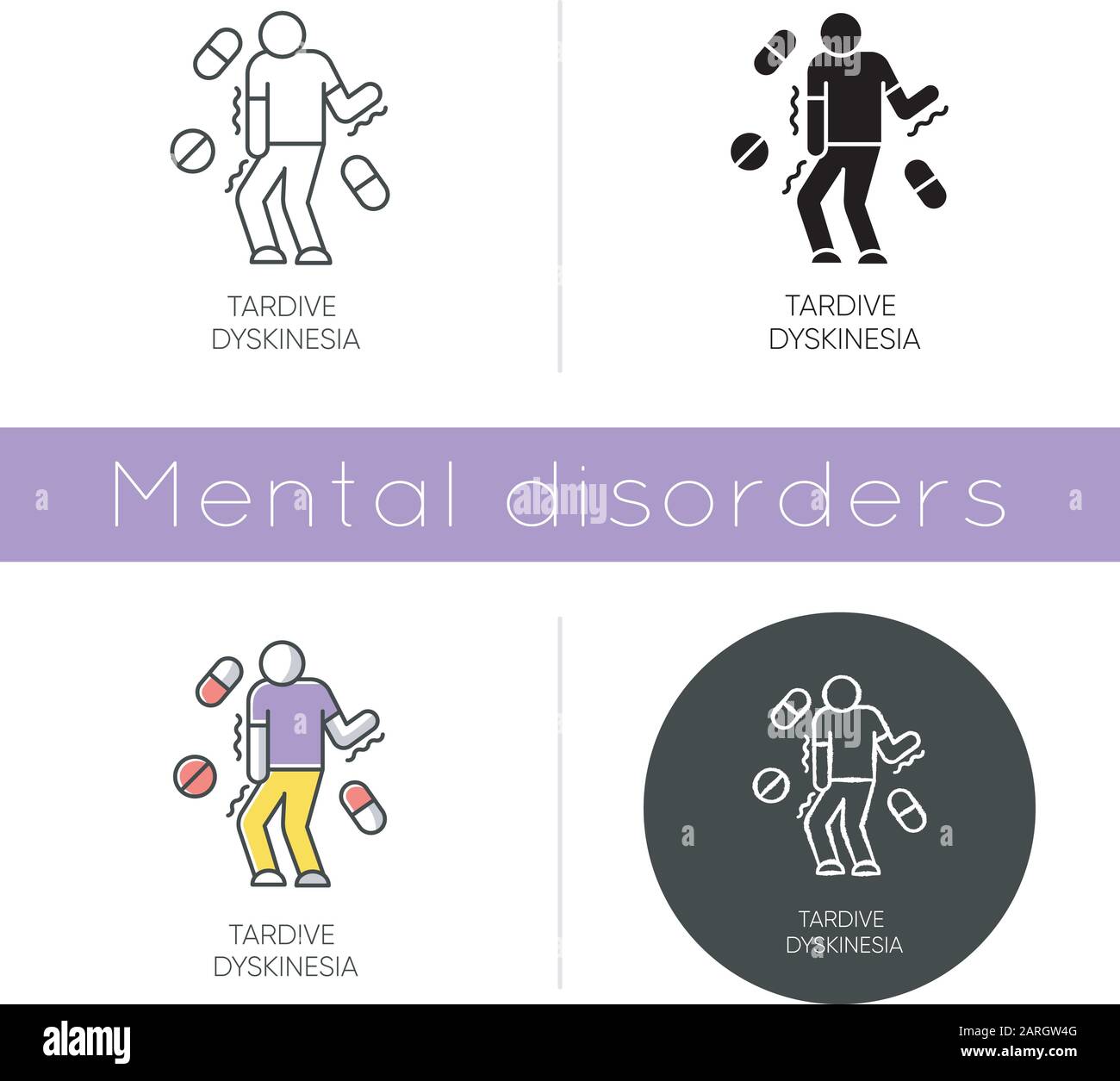 Tardive dyskinesia icon. Tremor from medication. Movement problem from neuroleptics. Chorea, athetosis. Mental disorder. Flat design, linear and color Stock Vector