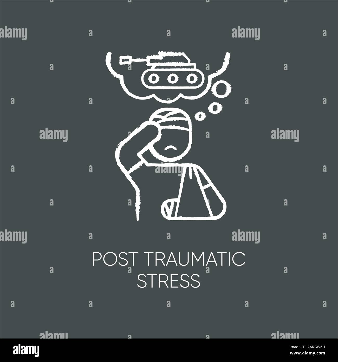 Post-traumatic stress chalk icon. Veteran with anxiety. Depressed soldier. Loneliness and sorrow. Distress thoughts of war. PTSD psychotherapy. Mental Stock Vector