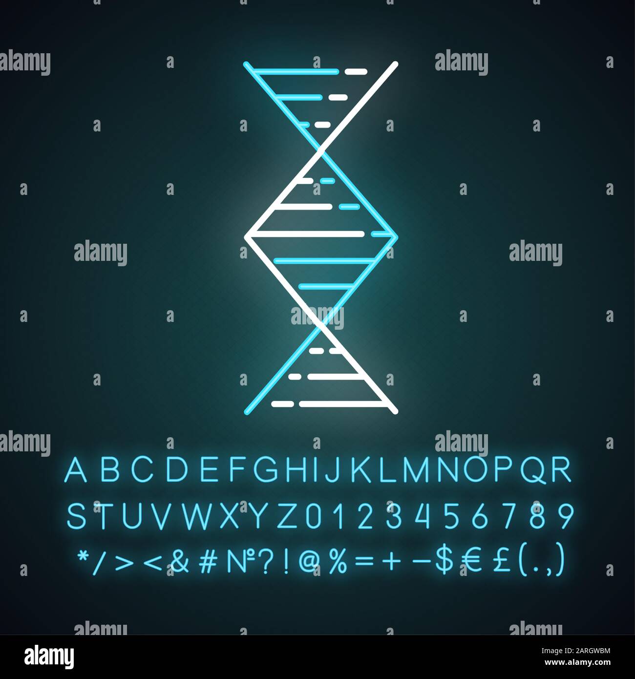 Diamond-shaped DNA helix neon light icon. Deoxyribonucleic, nucleic acid. Molecular biology. Genetic code. Genetics. Glowing sign with alphabet, numbe Stock Vector