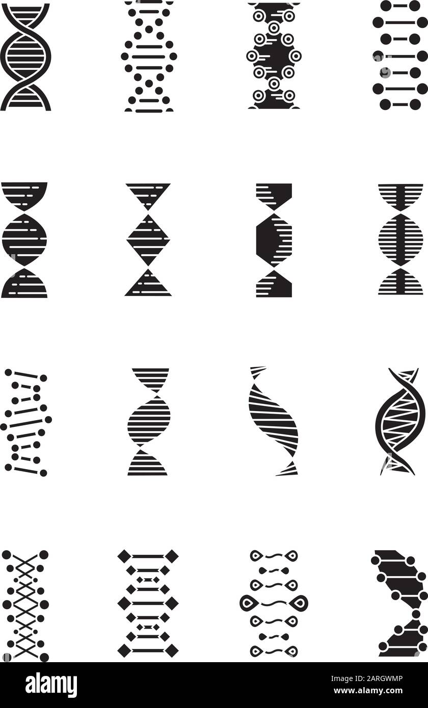 DNA helix glyph icons set. Deoxyribonucleic, nucleic acid structure. Spiraling strands. Chromosome. Molecular biology. Genetic code. Genome. Genetics. Stock Vector