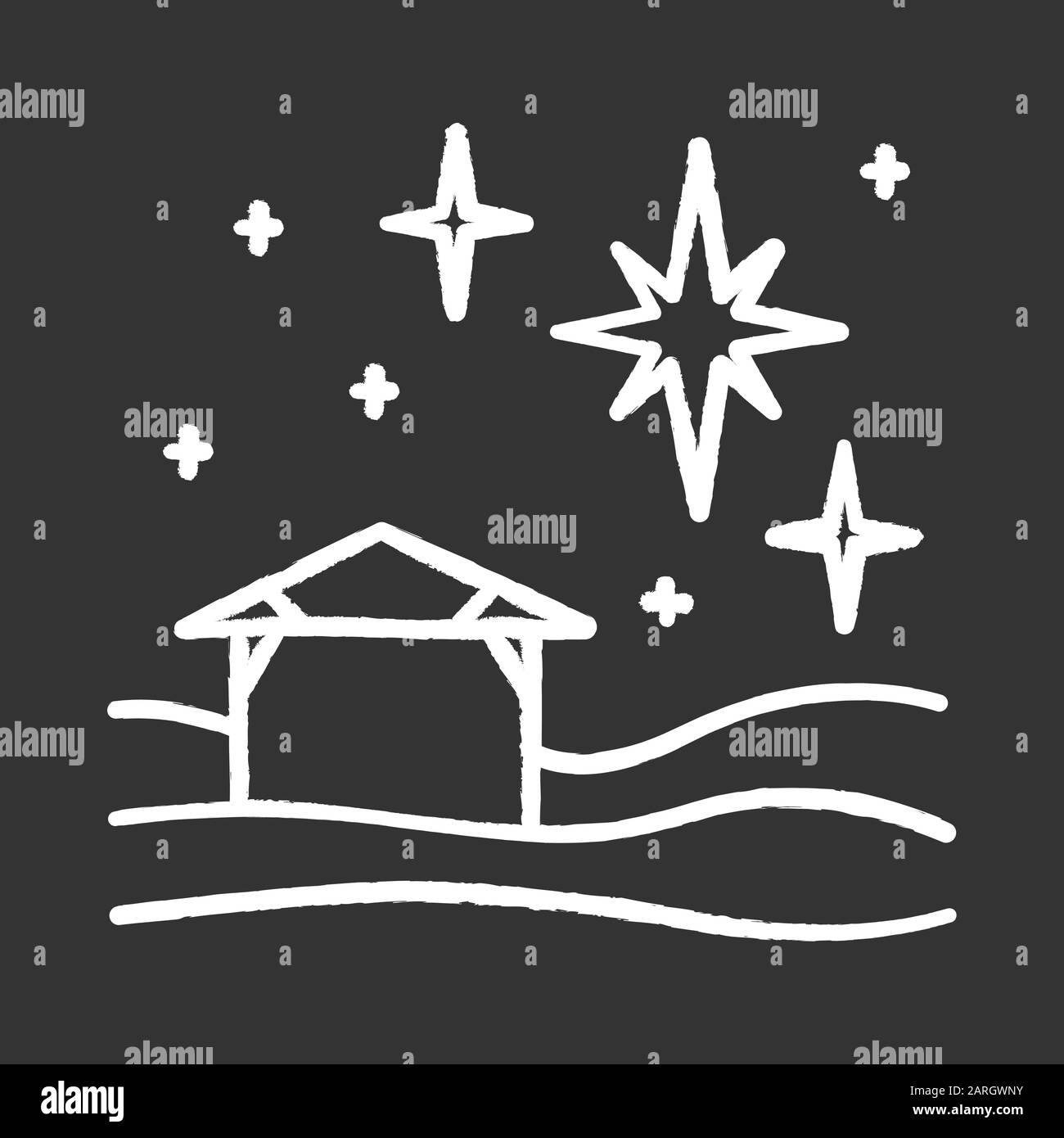 Christmas star chalk icon. Christian holy night. Christmas eve. Starry sky and small house. Birth of Jesus Christ. Star of Bethlehem. Bible story. Iso Stock Vector