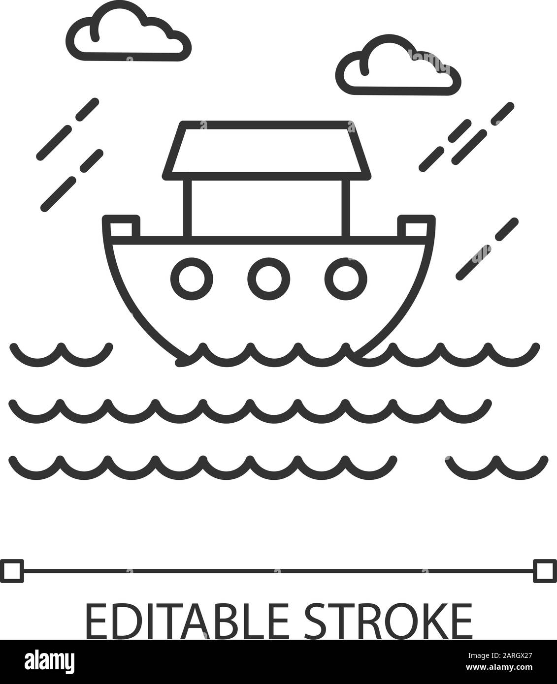 The Flood Bible story linear icon. Noah Ark. Sacred ship in worldwide water. Biblical narrative