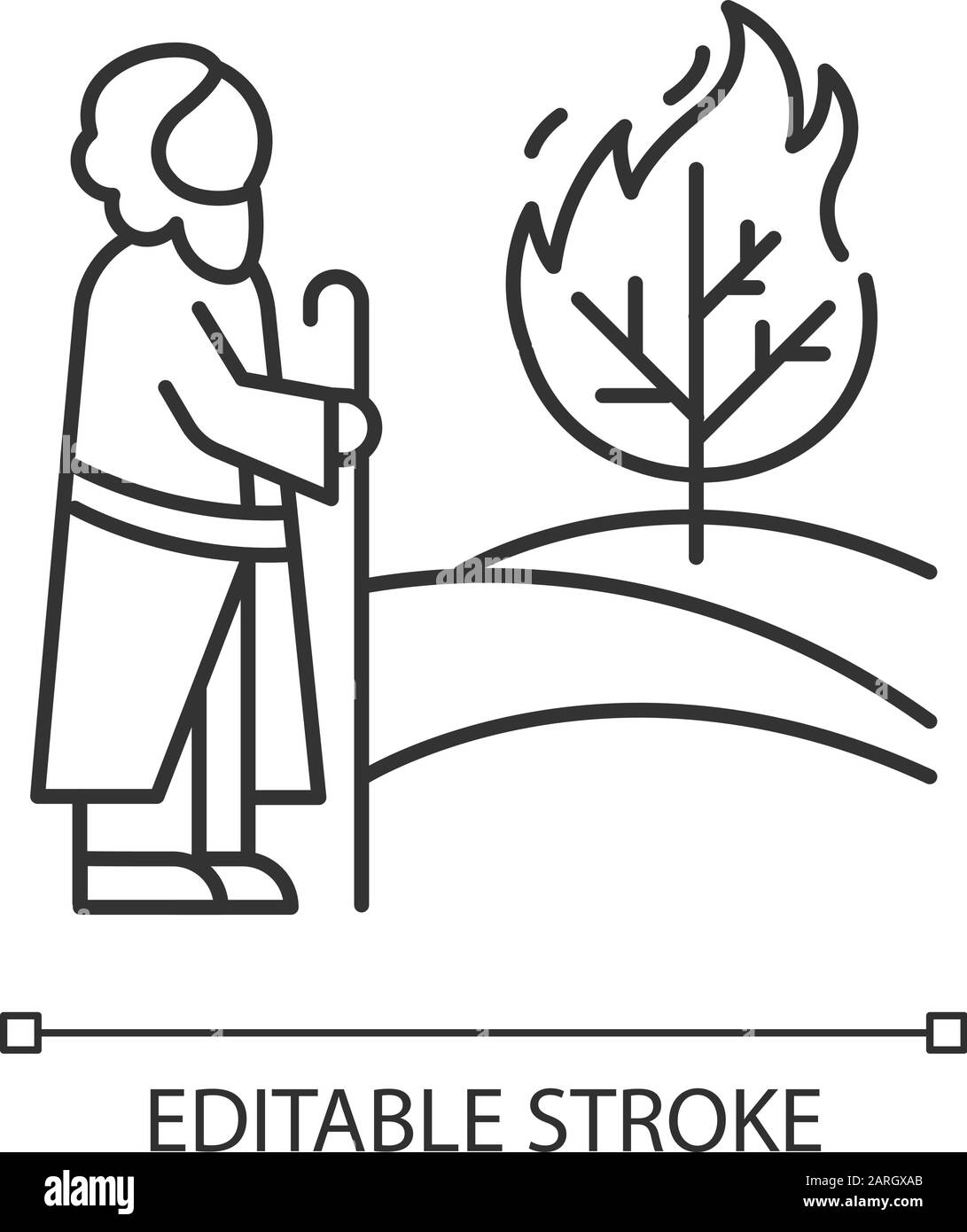 Moses and the burning bush Bible story linear icon. Prophet and tree in flame. Biblical narrative. Thin line illustration. Contour symbol. Vector isol Stock Vector