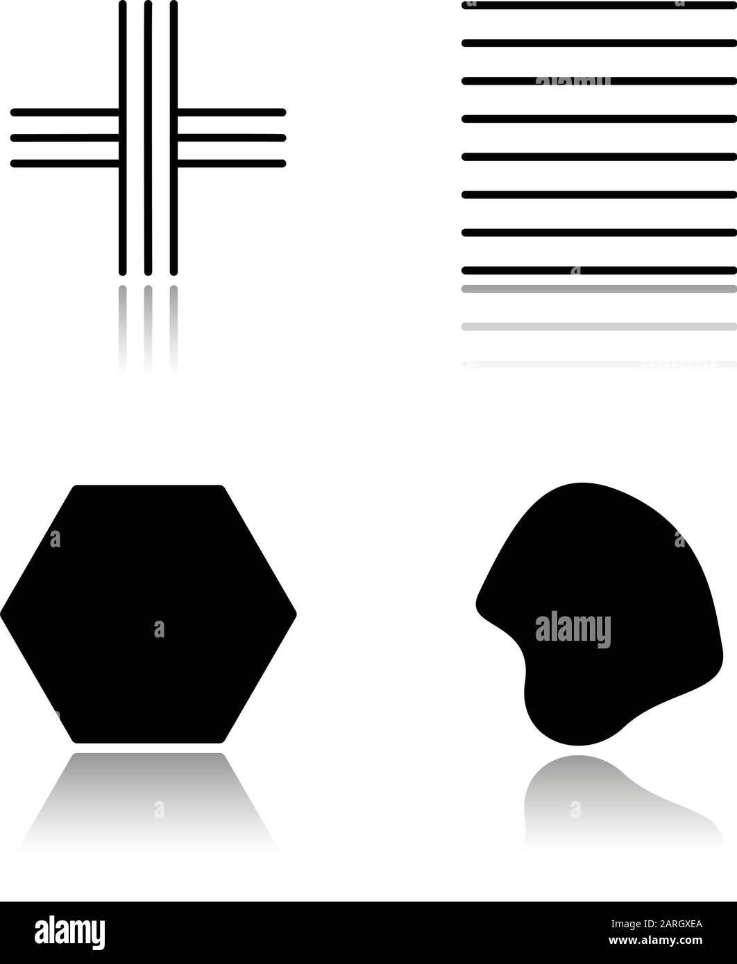 Geometric figures drop shadow black glyph icons set. Crossed stripes ...