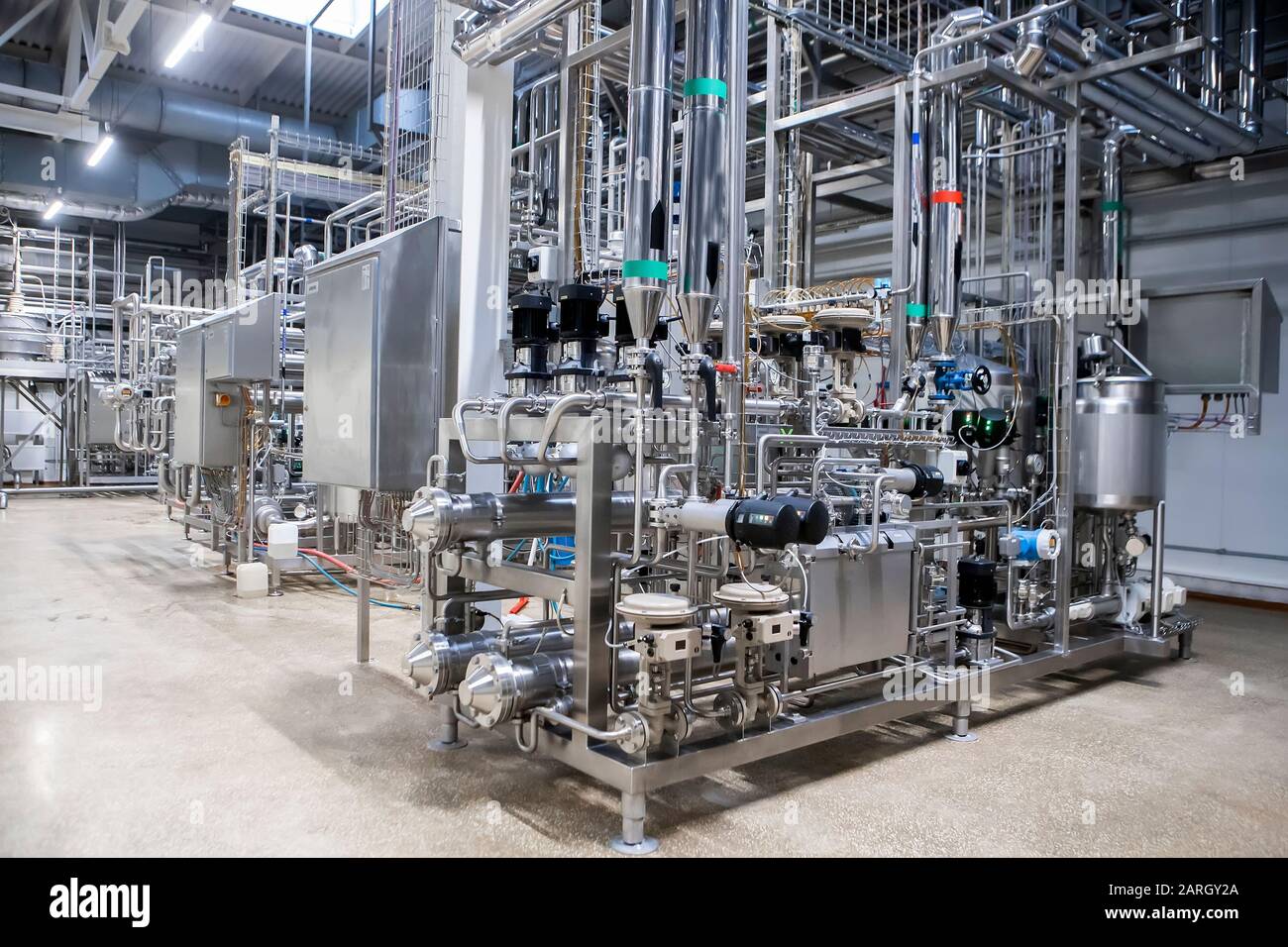 Food industry equipment close-up. Milk processing Stock Photo