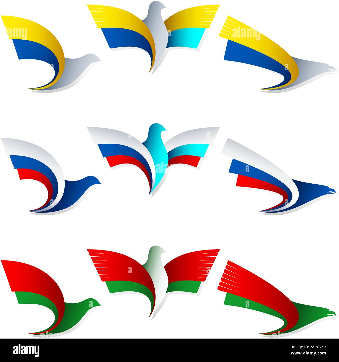 Set of emblems from the stylized birds; Wing of an eagle; Wing of a pigeon; Flag of Ukraine, Russia, Belarus, Belorussia; Eps8 Stock Vector