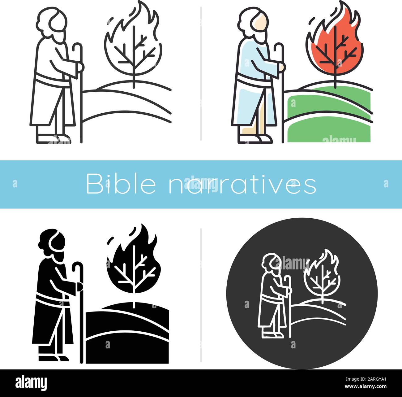 Moses and the burning bush Bible story icon. Prophet and tree in flame. Religious legend. Biblical narrative. Glyph, chalk, linear and color styles. I Stock Vector
