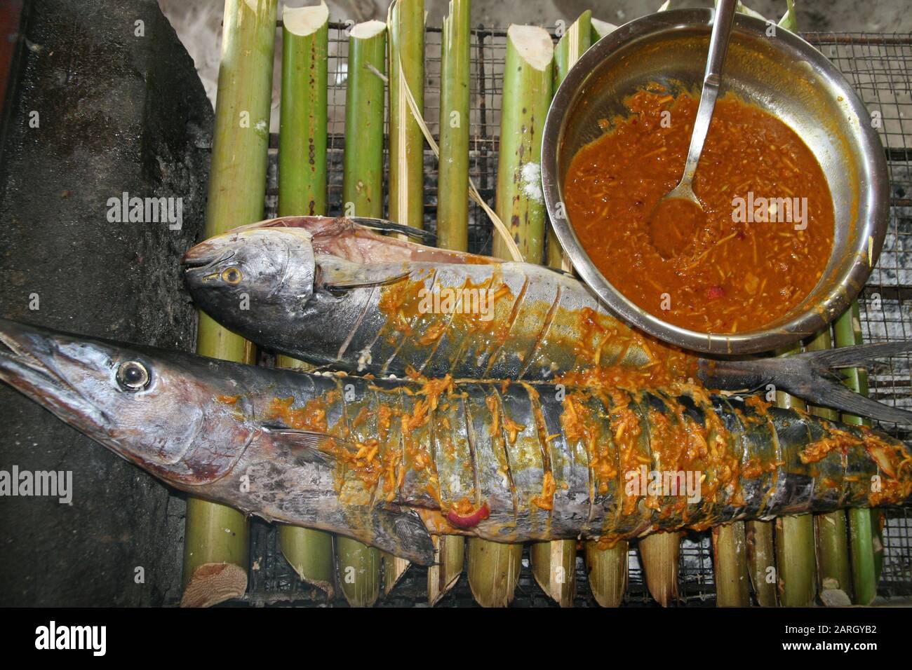 Creole food, barbeque, fish and chilli sauce, La Digue, Seychelles ...