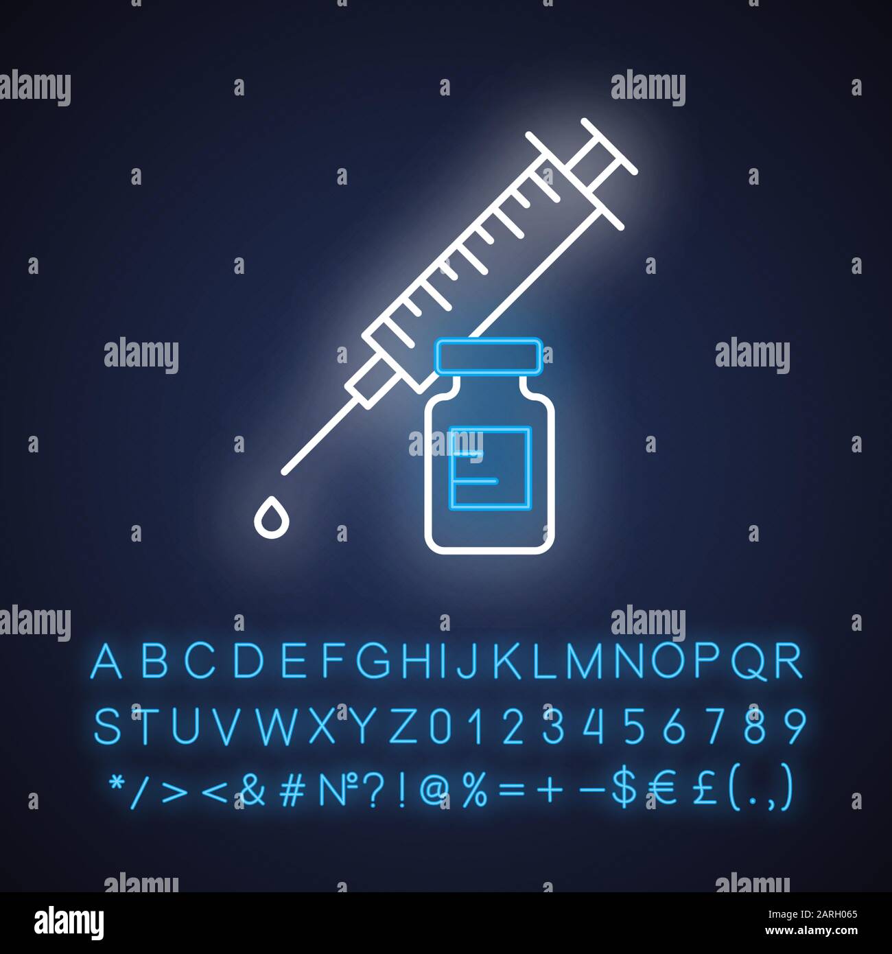 Vaccination neon light icon. Syringe with vial. Common cold prevention ...