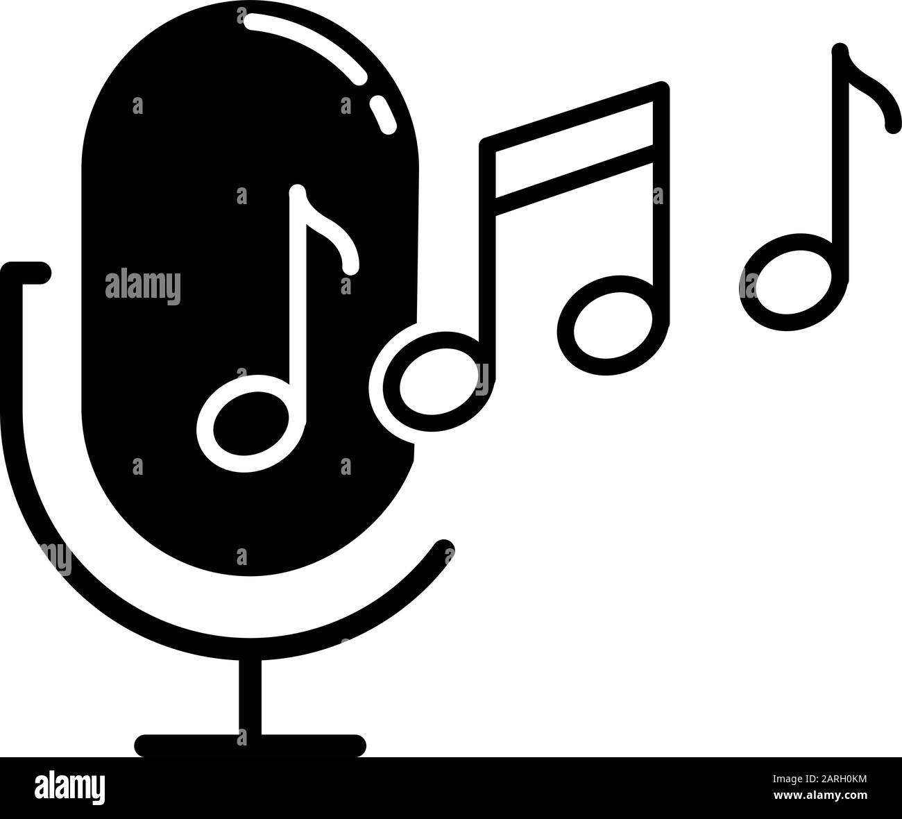 Ringtone recognition glyph icon. Melody definition app. Sound recorded. Microphone and notes, music equipment. Voice command. Silhouette symbol. Negat Stock Vector