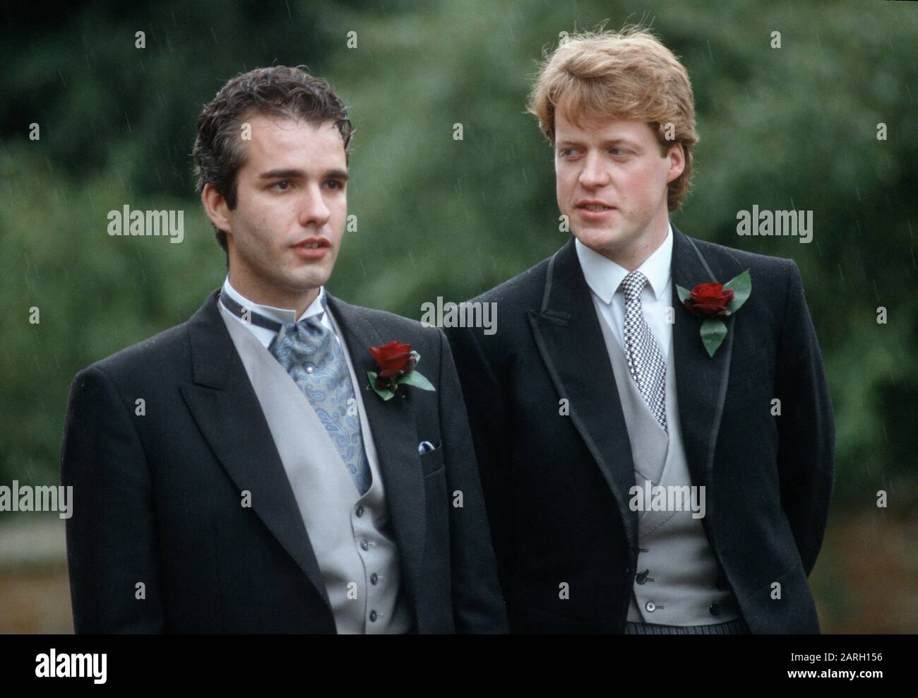 left - Darius Guppy best man to Viscount Althorp - right on the day of Althorp's marriage to Victoria Lockwood, Great Brington, Britain September 1989 Stock Photo