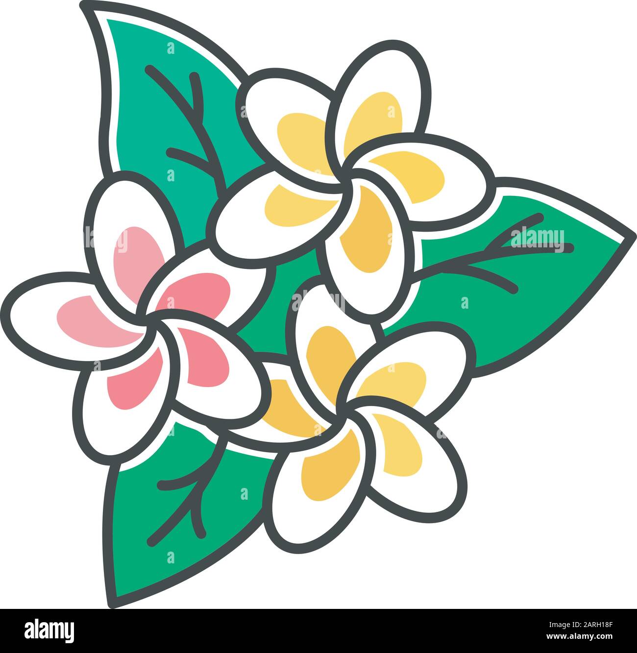 Plumeria inflorescence color icon. Exotic region flowers. Flora of Indonesian jungles. Small tropical plants. Blossom of frangipani with leaves. Natur Stock Vector