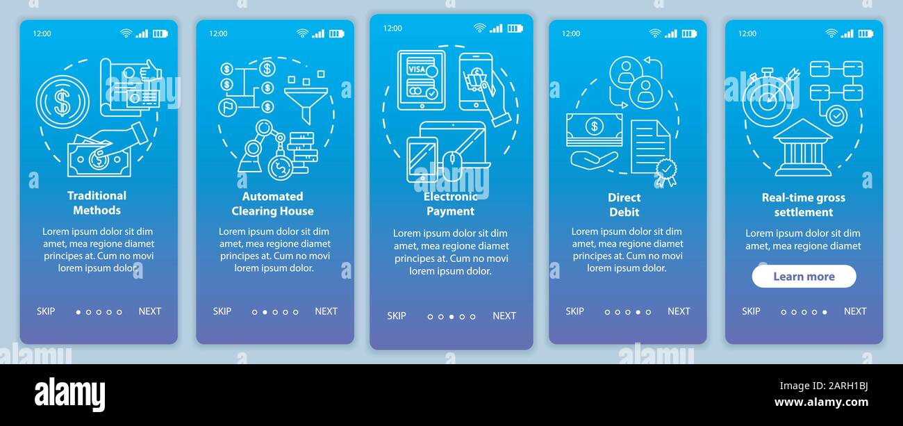 Payment systems onboarding mobile app page screen vector template. Electronic payment. Walkthrough website steps with linear illustrations. Direct deb Stock Vector