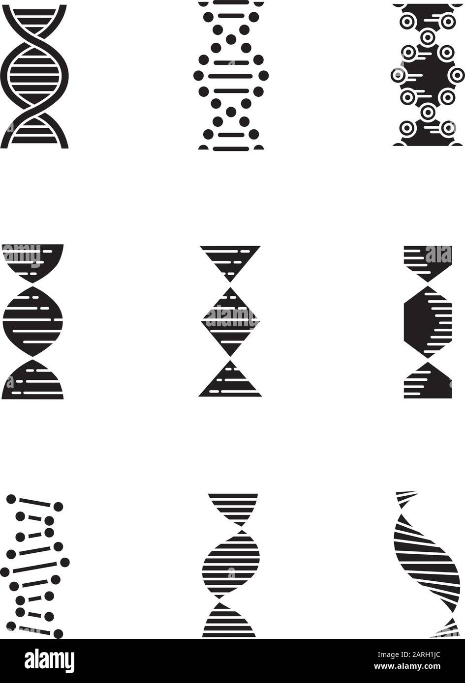 DNA spirals glyph icons set. Deoxyribonucleic, nucleic acid helix. Chromosome. Spiraling strands. Molecular biology. Genetic code. Genome. Genetics. S Stock Vector