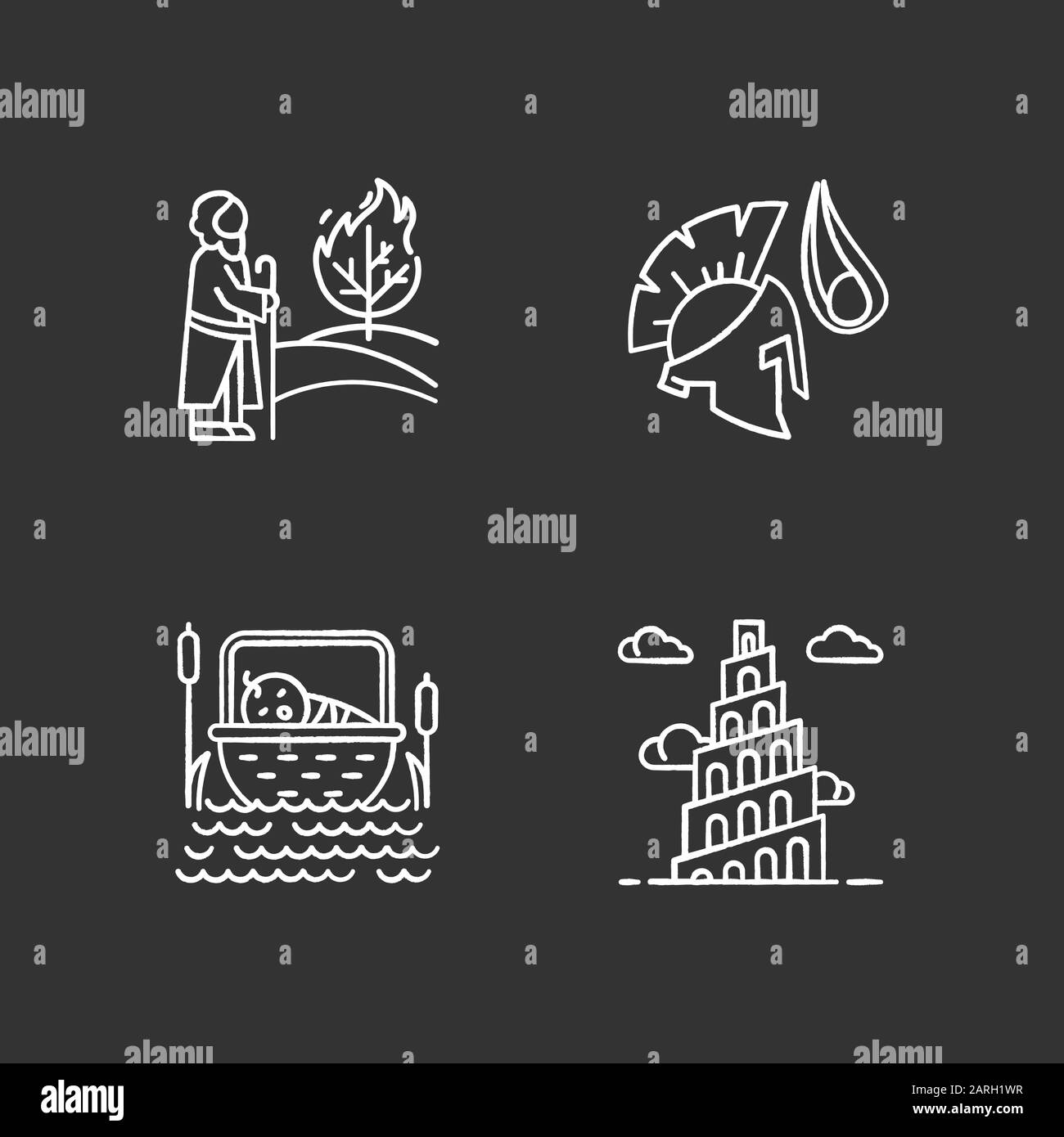 Bible narratives chalk icons set. The birth of Moses, David and Goliath, Babel tower myths. Religious legends. Christian religion. Biblical stories. I Stock Vector
