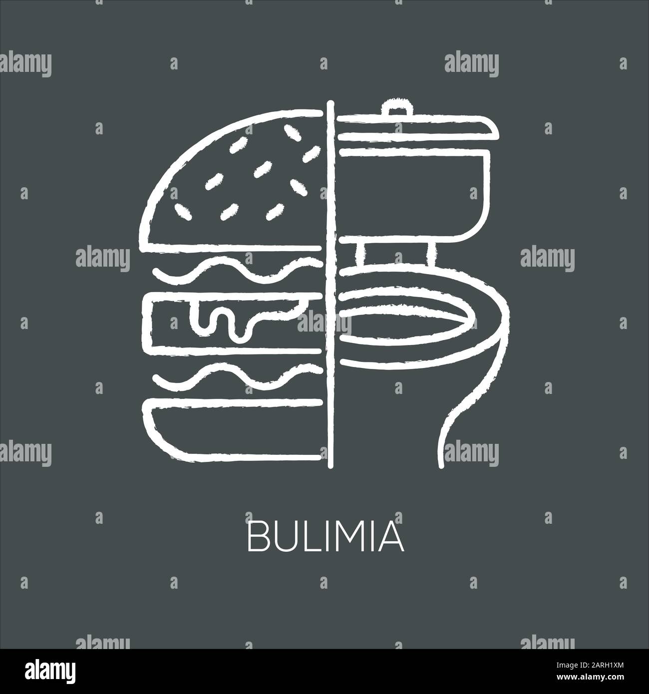 Bulimia chalk icon. Eating disorder. Depression and anxiety. Vomiting food in bathroom. Unhealthy hunger. Binge eating from stress. Mental disorder. I Stock Vector