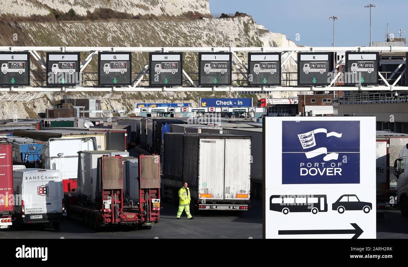 Lorries queue for ferries at the Port of Dover in Kent as the UK