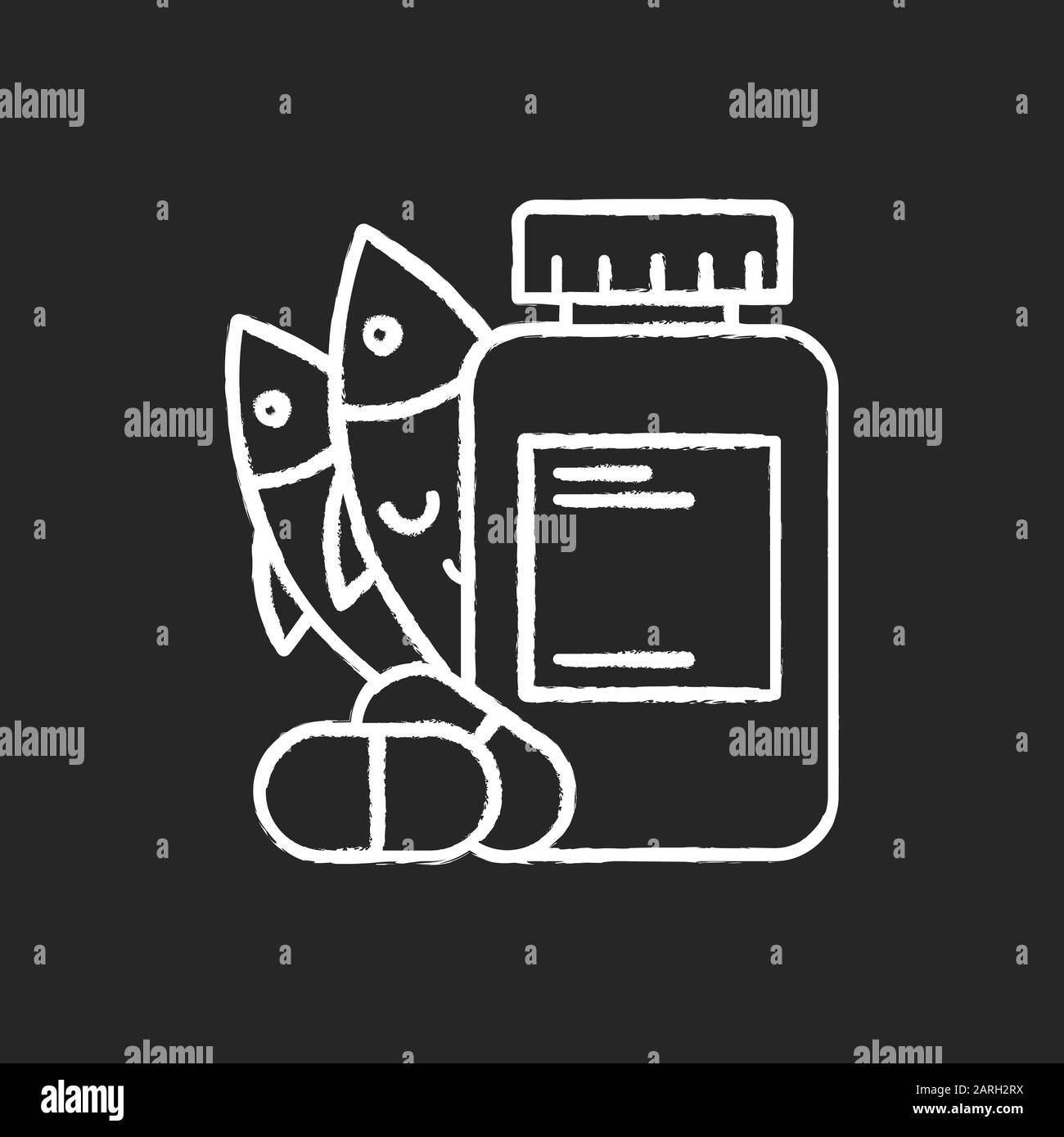Vitamin intake chalk icon. Fish oil supply. Omega-3 supplement. Medication and pills. Multivitamin complex. Diet supply. Healthcare and nutrition. Pha Stock Vector