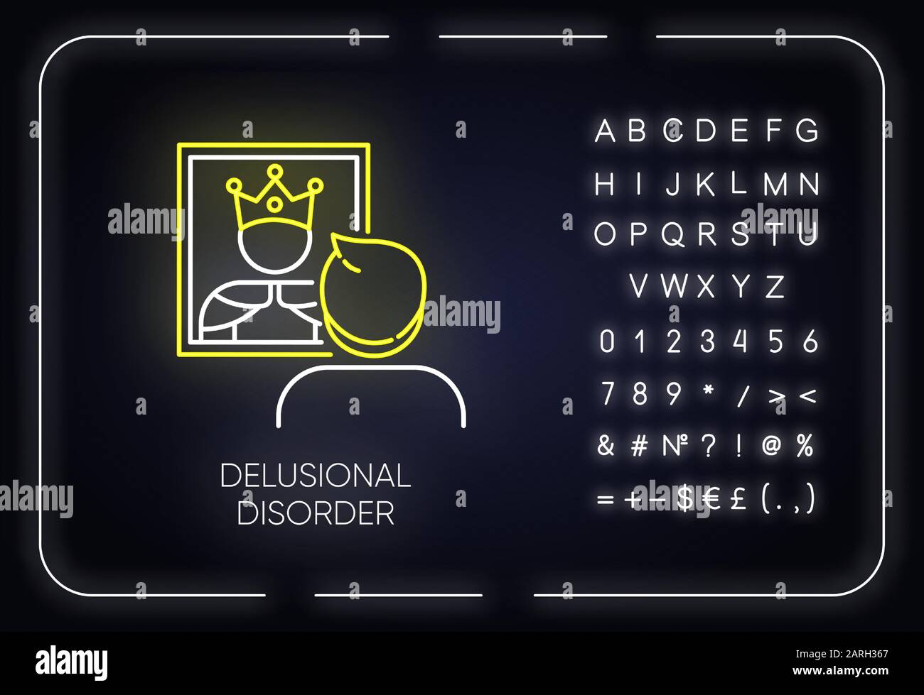 Delusional disorder neon light icon. Man in mirror. Bizzare beliefs. Optical delusion. Megalomania. Mental illness. Glowing sign with alphabet, number Stock Vector