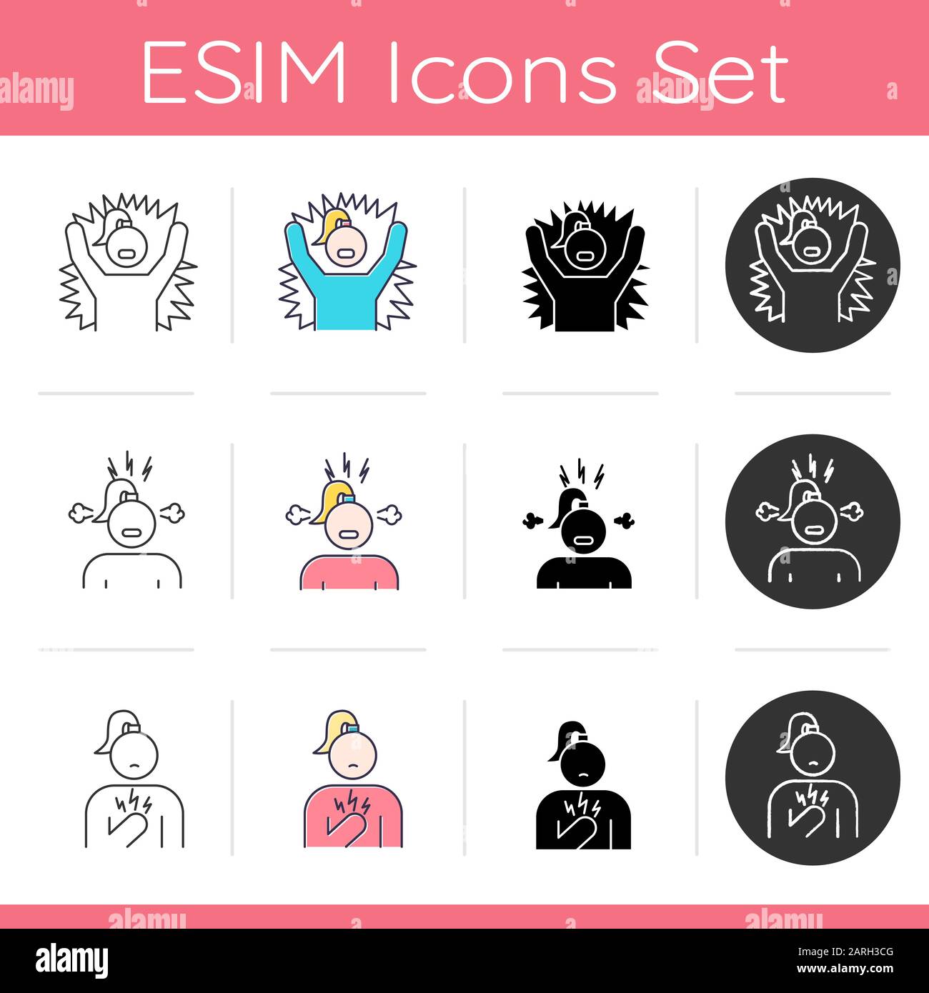 Predmenstrual syndrome icons set. Emotional outburst. Irritability and ...