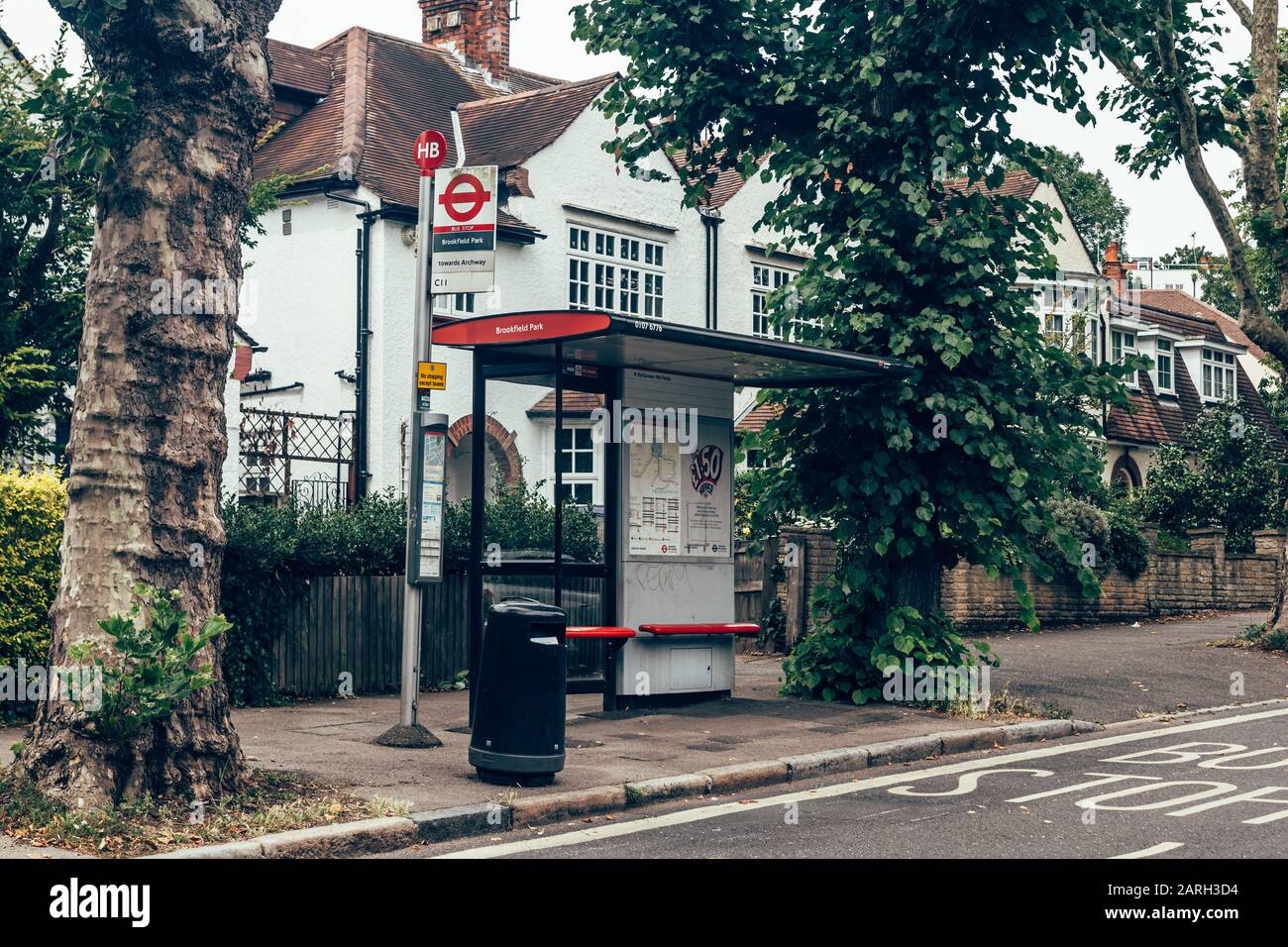 London/UK 17/07/2019 Brookfield Park bus stop in Hampstead. A bus
