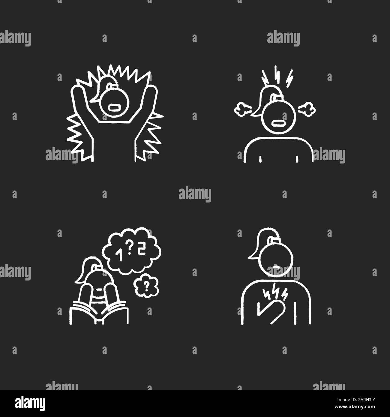 PMS symptoms chalk icons set. Emotional outburst. Irritability and stress. Poor concentration. Math problem solving. Chest pain. Attention deficit. Is Stock Vector